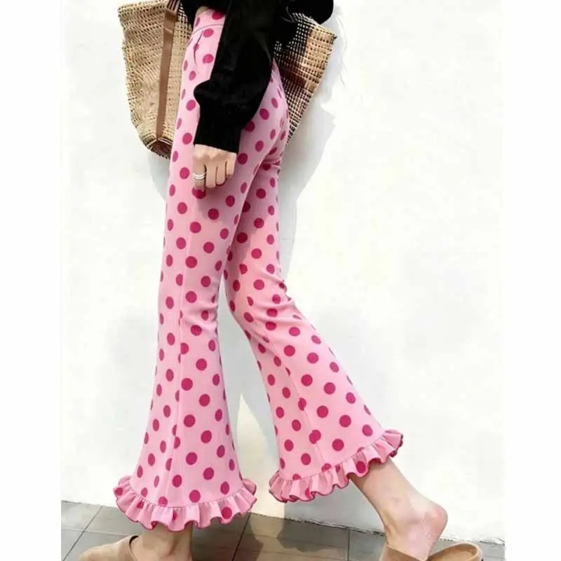2026 summer new design sense versatile pink polka dot fungus lace nine-point micro-pull pants women