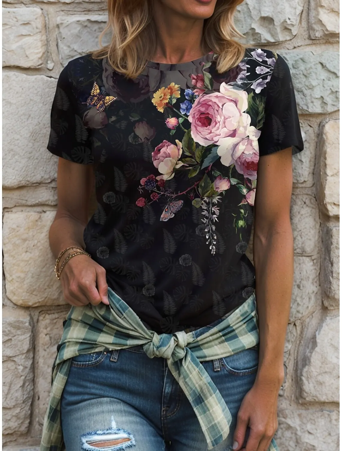 

Summer Women's T Shirt Floral Graphic Plants Vintage Stylish Classic Short Sleeve Crew Neck Regular Tops Flower Printed T-shirt