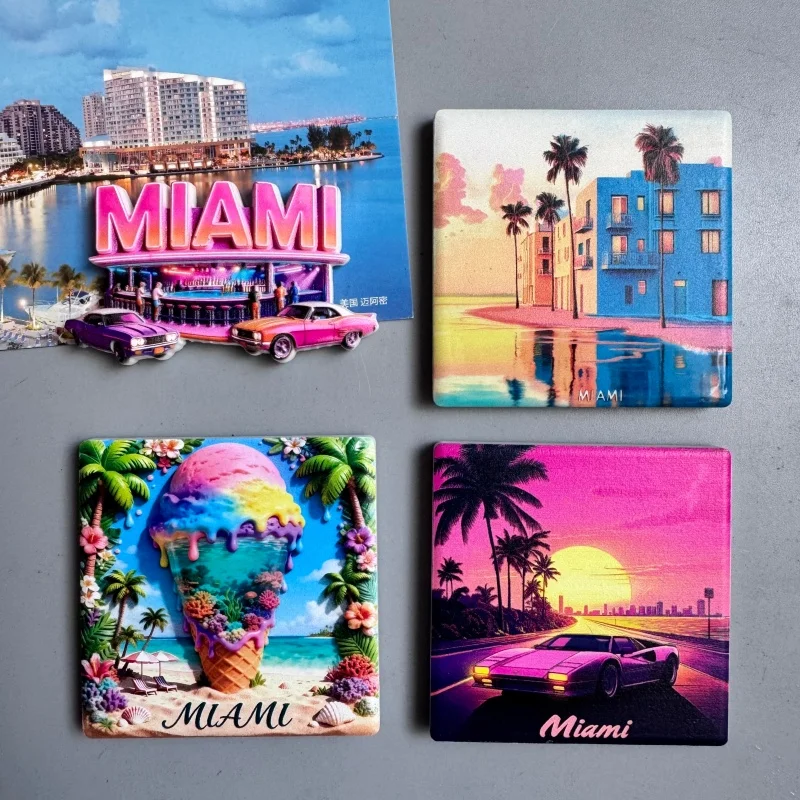 American Fridge Magnets Sports Car Miami Beach Sunset Neon Ice Cream Florida Tour Souvenir Magnetic Stickers Gift