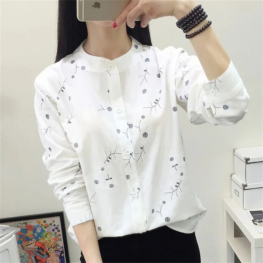 Embroidery Women Spring Summer Style Cotton and Linecn Blouses Shirts Lady Casual Stand Collor Long Sleeve Blusas Tops