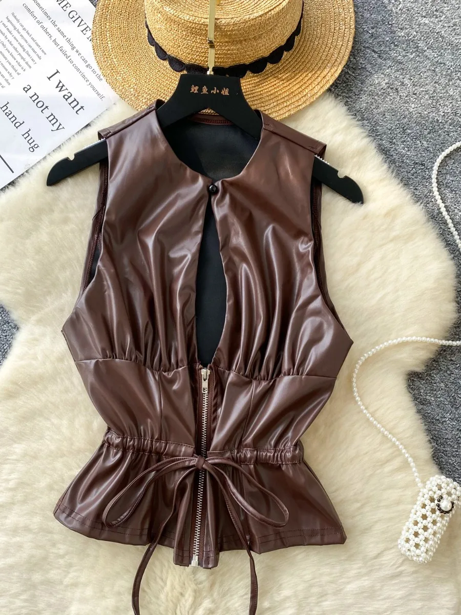 

Foamlina High Street Hollow Out Tie Up Sleeveless Leather Vest European Hot Sexy Women 2025 New Summer Cinched Waist Tank Top