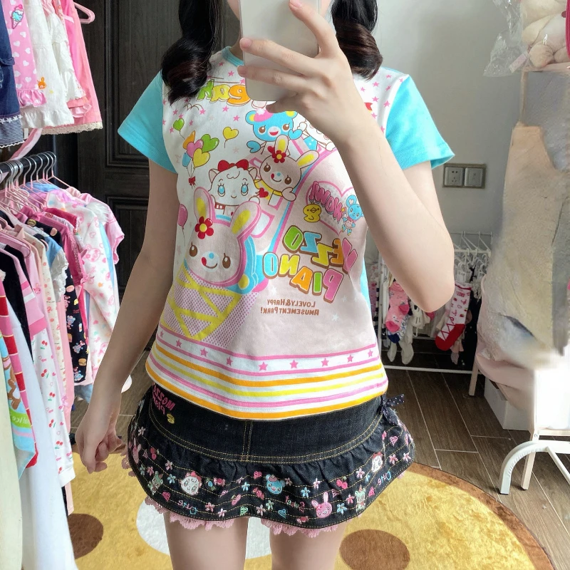 2024 Japanese Kawaii Crop Top Cartoon Print Harajuku Patchwork Lolita T-shirt Women Y2k Aesthetic Slim Tee Vintage Fairy Grunge