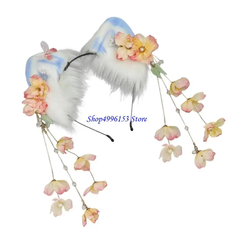 

Q0KE Women Furry Cats Ear Hairhoop Flower Tassels Dangling Hairhoop For Anime Costume