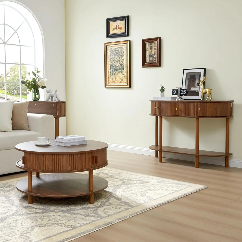 Mesa de centro moderna de mediados de siglo con almacenamiento y 2 niveles, patas de madera maciza, diseño estriado, mesa de centro con puerta de pandereta