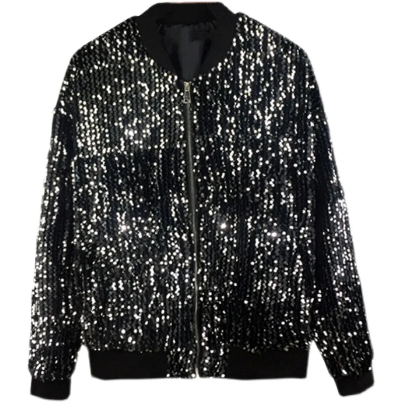 YASUGUOJI New Sequined Bomber Jacket Men 2022 Shiny Sequins Glitter Zipper Coat Hip Hop Loose Night Club Stage Streetwear Coats