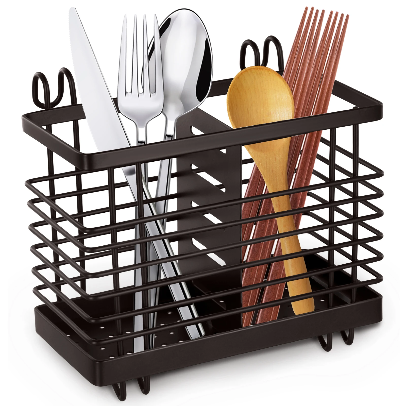 Hanging Kitchen Cutlery Holder Sink Caddie Cutlery Drainer Stainless Steel Kitchen Caddie Spoon and Fork Chopstick Organizer