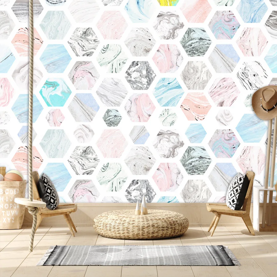 10+ High Resolution Pastel Marble Hexagonal Pattern Peel n Stick Optional Wallpaper for Living Room Walls Decor Renovation Mural