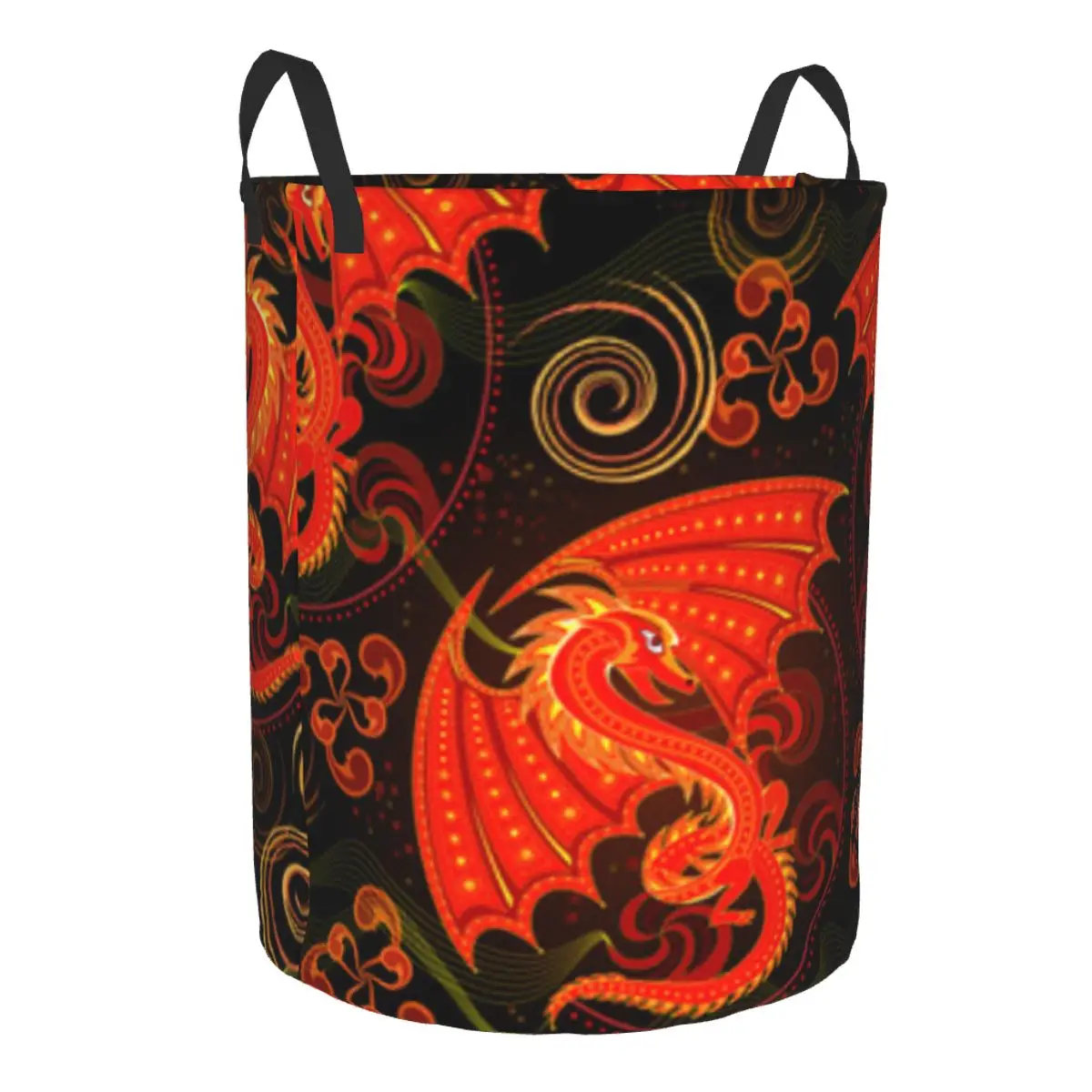 Laundry Basket Fantasy Dragons And Ethnic Spiral Round Storage Bin Collapsible Hamper Clothes Bucket Organizer