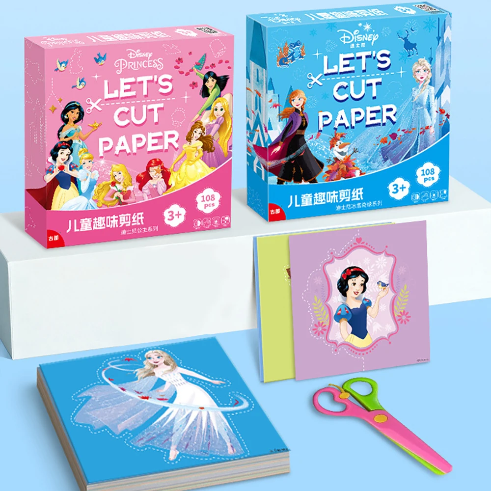 108PCS Frozen Elsa Snow White Anime Paper Cutting With Scissor Cartoon Educational Handmade DIY Toys Origami Book Gifts For 3-5Y