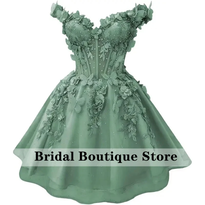 

3D Butterfly Short Homecoming Dresses for Teens Off Shoulder Tulle Dresses for Quincenaera Puffy Cocktail Party Gown