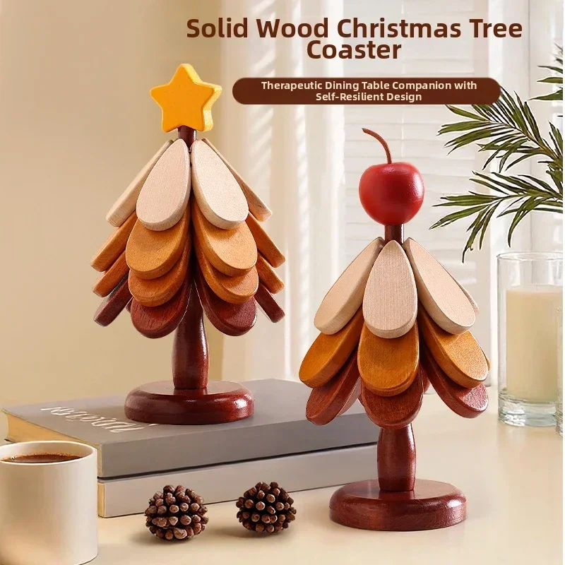 

Creative Christmas Tree Heat Resistant Mat Table Decoration Solid Wood Anti-Scalding Pot Mat Foldable Cup and Bowl Coaster