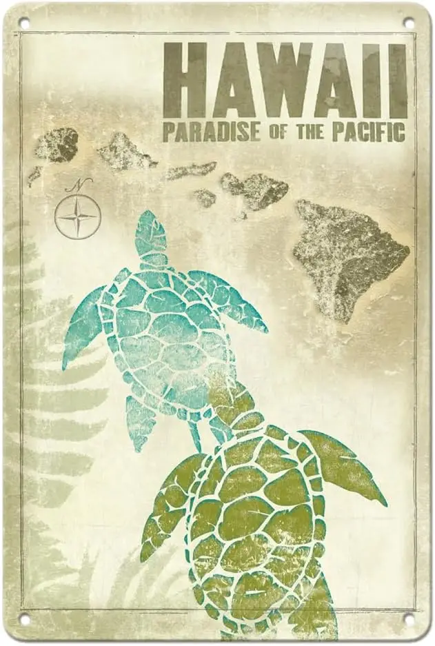 Y1,Hawaii Paradise of the - Turtles (Honu) Hawaiian Islands Vintage Travel Poster by Wade Koniakowsky  Metal Tin Sign-a
