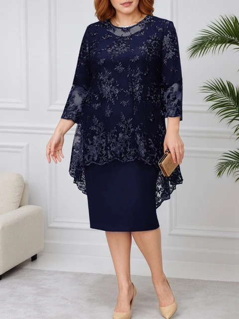 FSMG Plus Size Damska suknia wieczorowa, modny jednokolorowy okrągły dekolt z wysoką talią i koronkowym haftem Dwuczęściowy zestaw sukienek Slim Fit