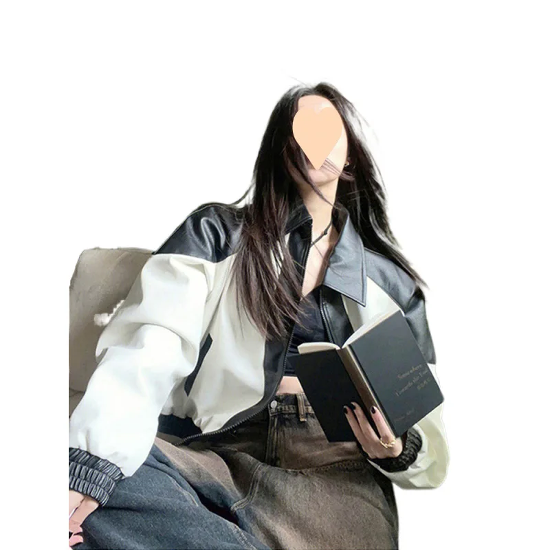 Jaqueta de couro feminina lapelas preto branco cor contrastante emenda design topo feminino primavera outono moda solta casaco manga longa