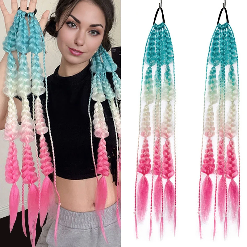 فانوس طويل مضفر ذيل حصان مع ربطة شعر مستقيمة 1 قطعة ذيل حصان الاصطناعية تمديد فقاعة ملونة جديلة #2