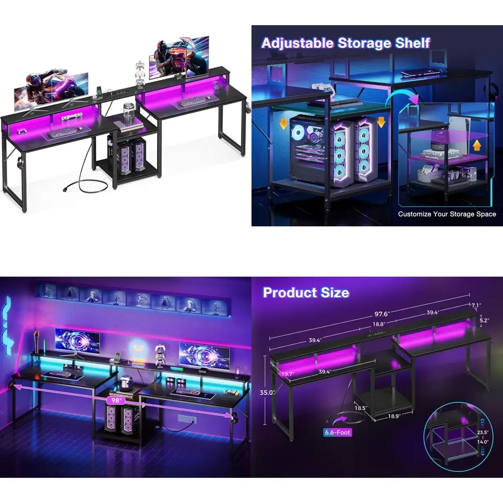 

Coleshome 98-дюймовый игровой стол на 2 человека с полками для хранения — длинные двойные компьютерные столы для домашнего офиса с USB-портом для зарядки и светодиодом