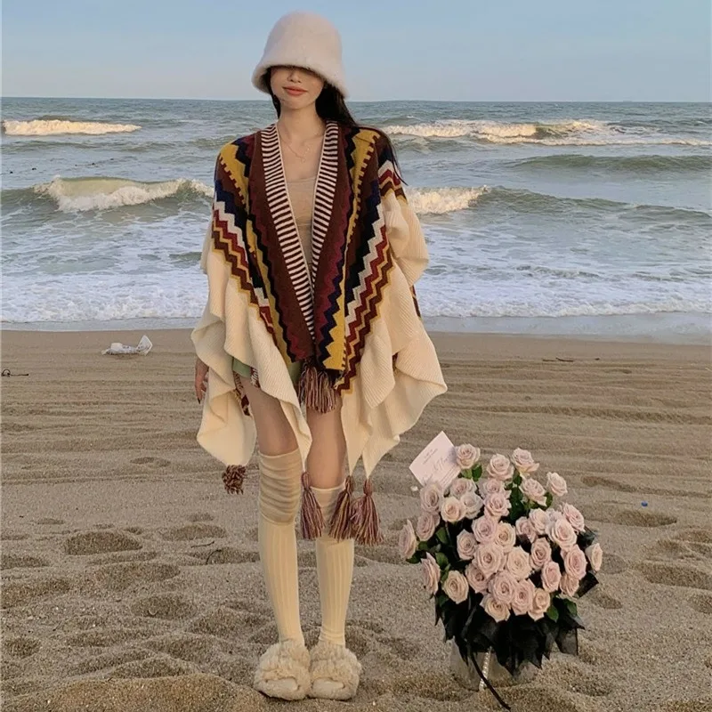 

Spring and autumn new color-block ethnic-style ruffled shawl women's bohemian cardigan picot-edge internet-famous cape