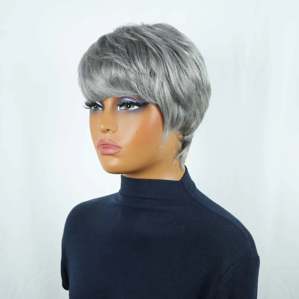 باروكة شعر بشري قصيرة باللون الرمادي الفضي للنساء ذوات البشرة السمراء، باروكات شعر بشري ريمي مع غرة مصنوعة آليًا، باروكات شعر مستقيمة #2
