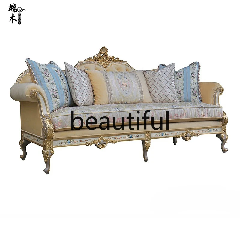 French solid wood living room painted single and double three-person sofa coffee table combination yellow velvet sofa