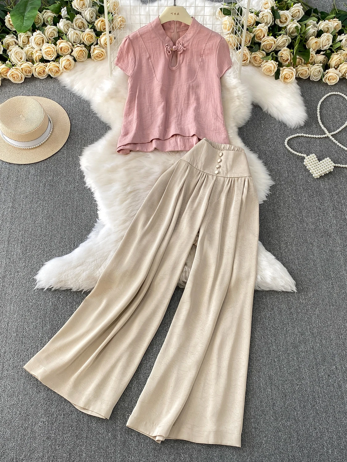 

New Chinese Retro Button Hollow Waterdrop Stand Collar Women's Summer Design High Waist Slimming Wide Leg Pants Two Piece Set