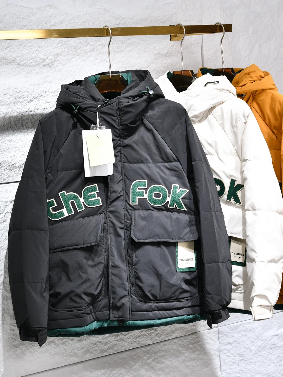 

Trendy Brand Letter Print White Duck down Hooded Thick Warm Casual Autumn Winter Men Women Jacket Modern Style Polyester Fiber