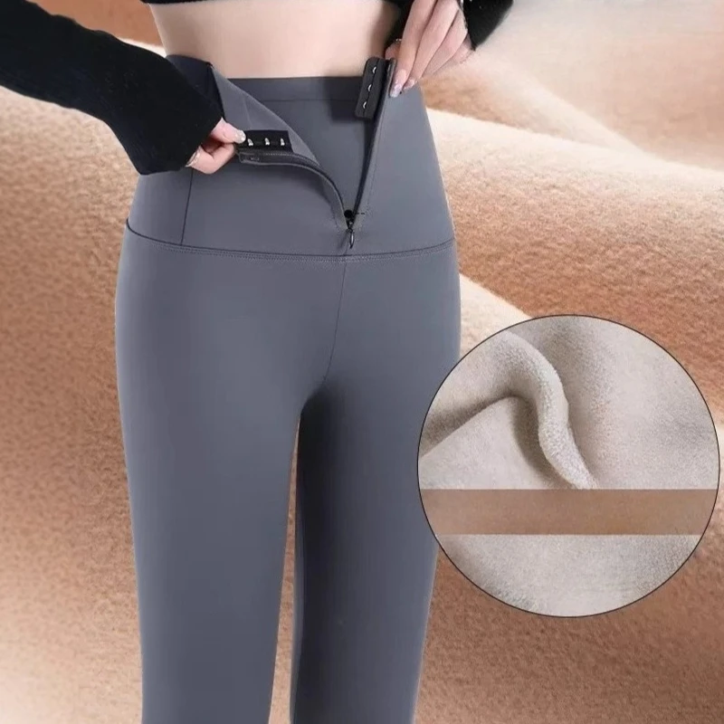 Autumn Winter Women's Zipper Cinching High Waisted Tight Fitting Hip Lifting Shark Pants Plush Thick Leggings Female Clothing