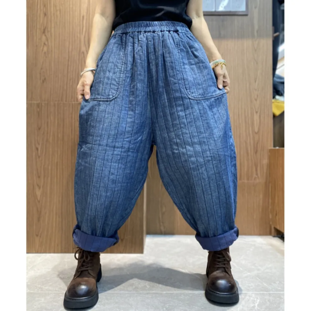 Washed Blue Denim Pants 2024 Winter Thickened Elastic Waisted Artistic Style Cropped Cotton Pants LX2479