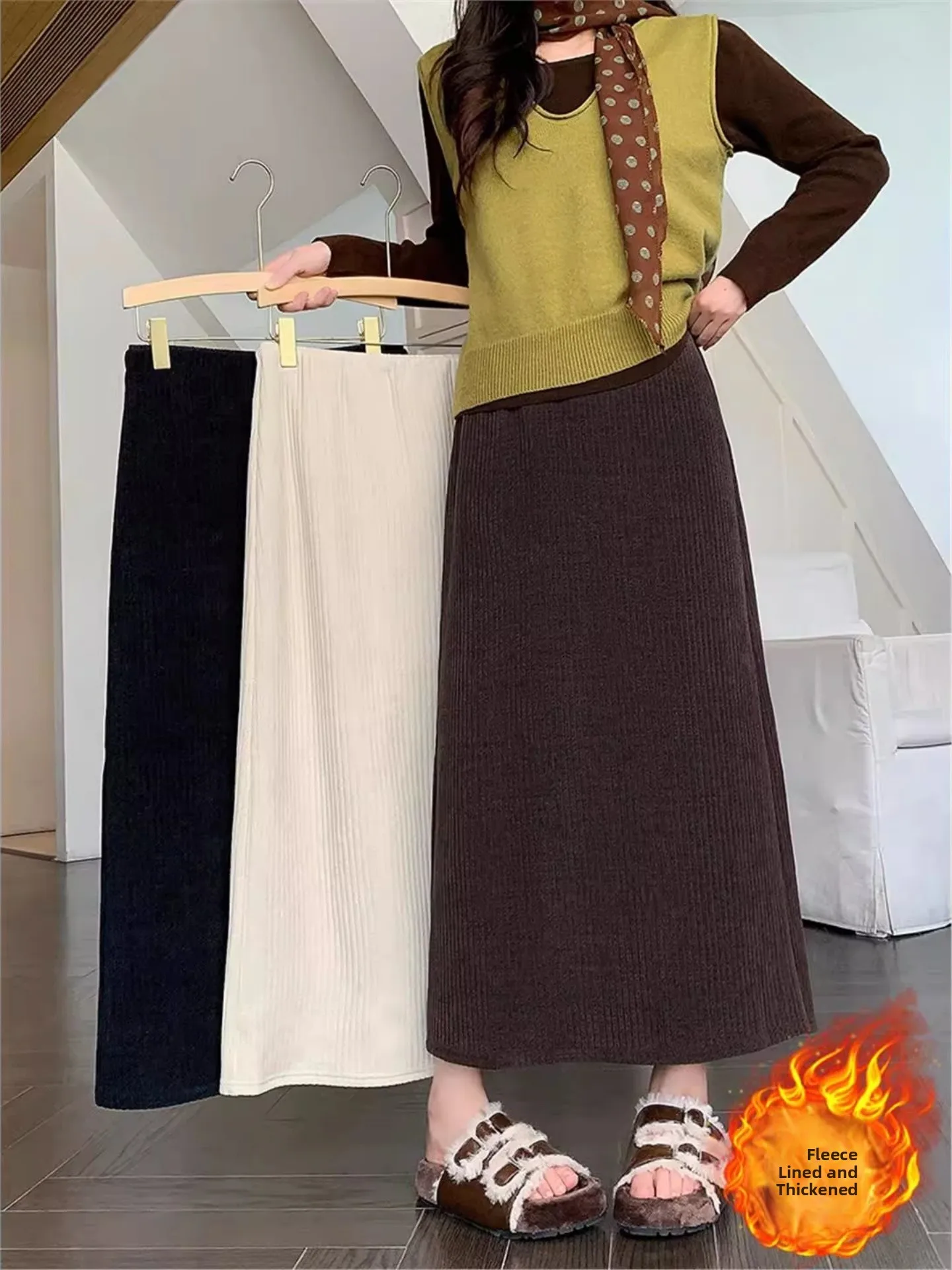 

Thiened Fce Brown High Waist A-Line Long Skirt Women Autumn Winter plus Size Warm Warm Casual Korean Sle f-length S...