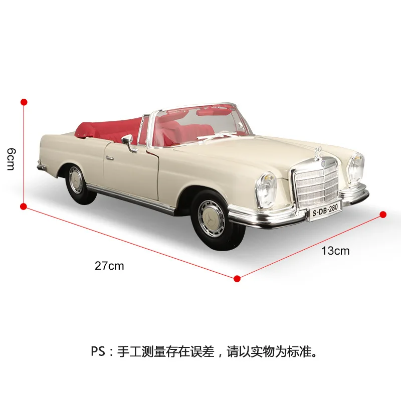 1:18 Maisto Mercedes Benz 280SE 1967 Model Car Vintage Diecast Edition Alloy Luxury Vehicle Collection Ornaments Toys Kids Gift