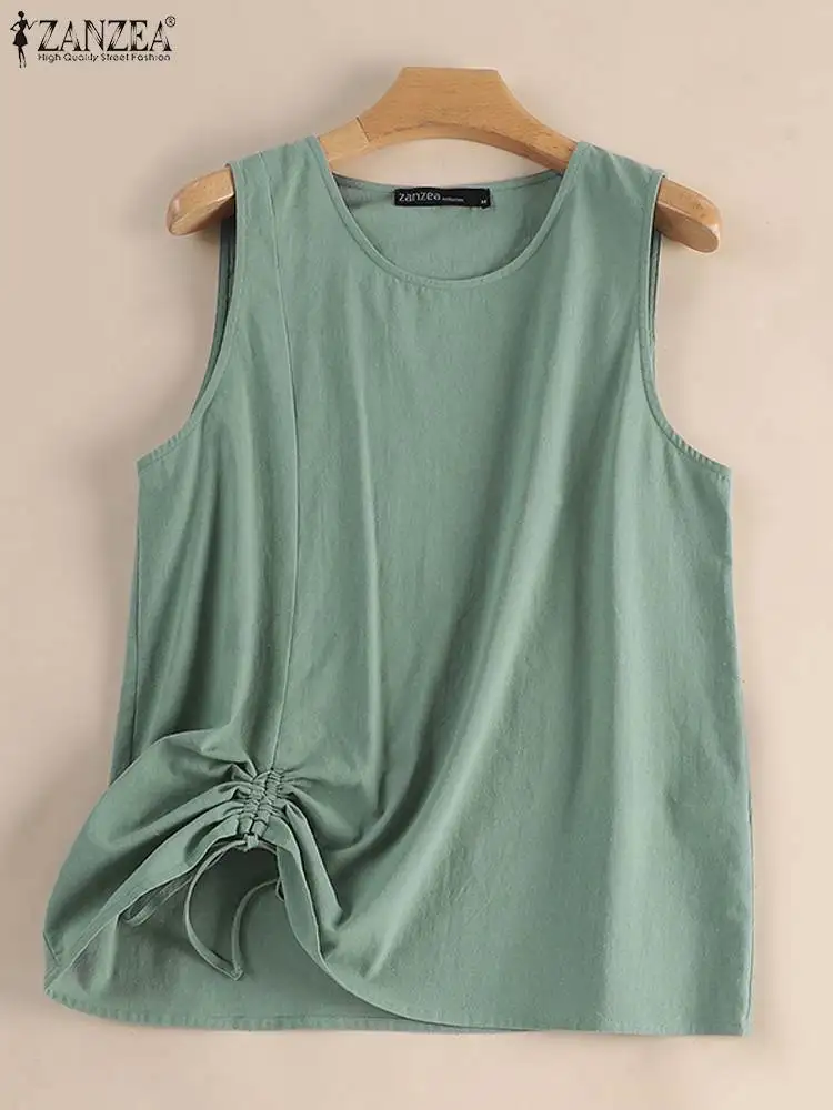 ZANZEA Cotton Drawstring Hem Tanks Tops Stylish 2024 Summer Casual Loose O Neck Ruched Camis Daily Solid Women Sleeveless Tees