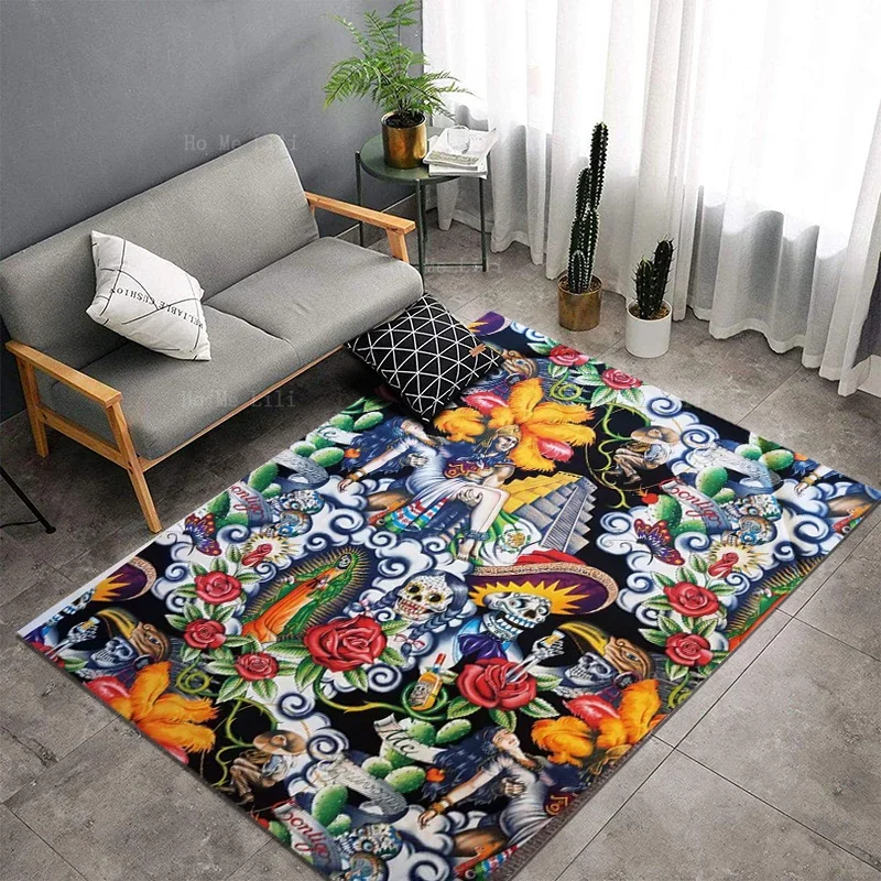 Great Mexican Day Of The Dead Mayan Pyramid Design Non Slip Flannel Floor Rugs By Ho Me Lili