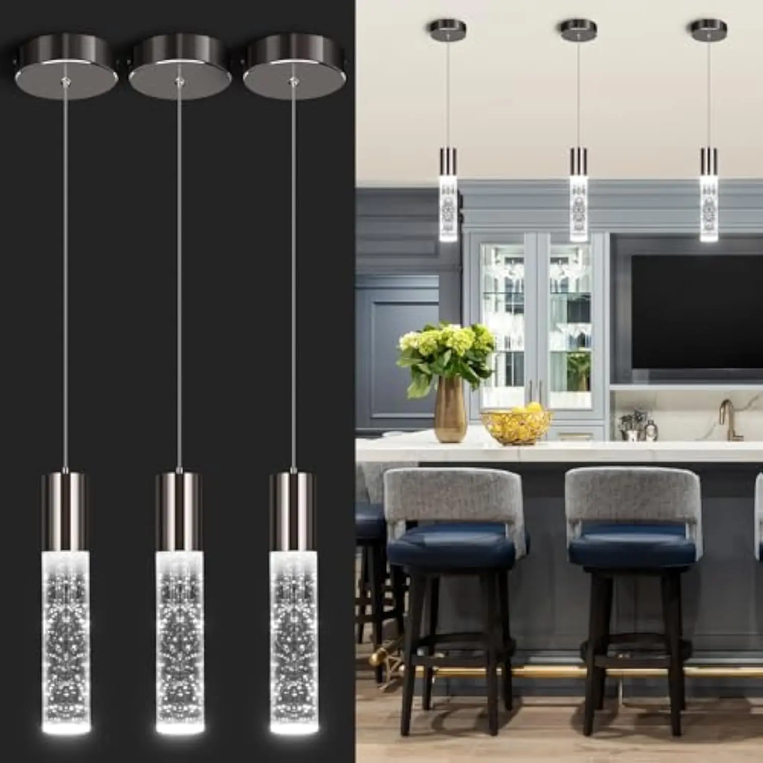 

Modern Pendant Lights, Led Bubble Crystal Kitchen Island Lights Fixtures, Black Mini Single Pendant Lighting for Kitchen Islan