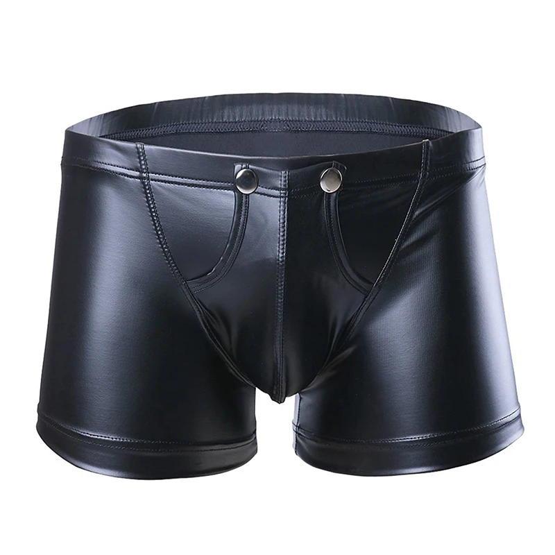 Sexy Open Bulge Pouch patent leather men's boxers, imitation leather, fun U-button easy-to-remove boxers panties men