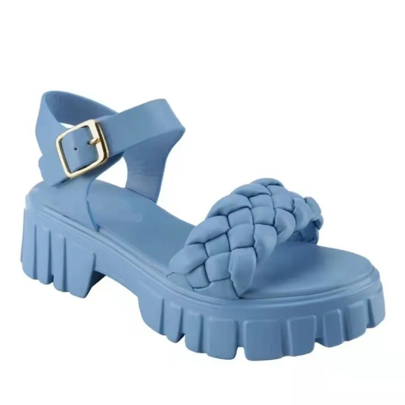 Elegant Ladies Leather Sandals New Summer Rhombus Plaid Sandals Casual Buckle Flat Platform Platform Sandals for Women