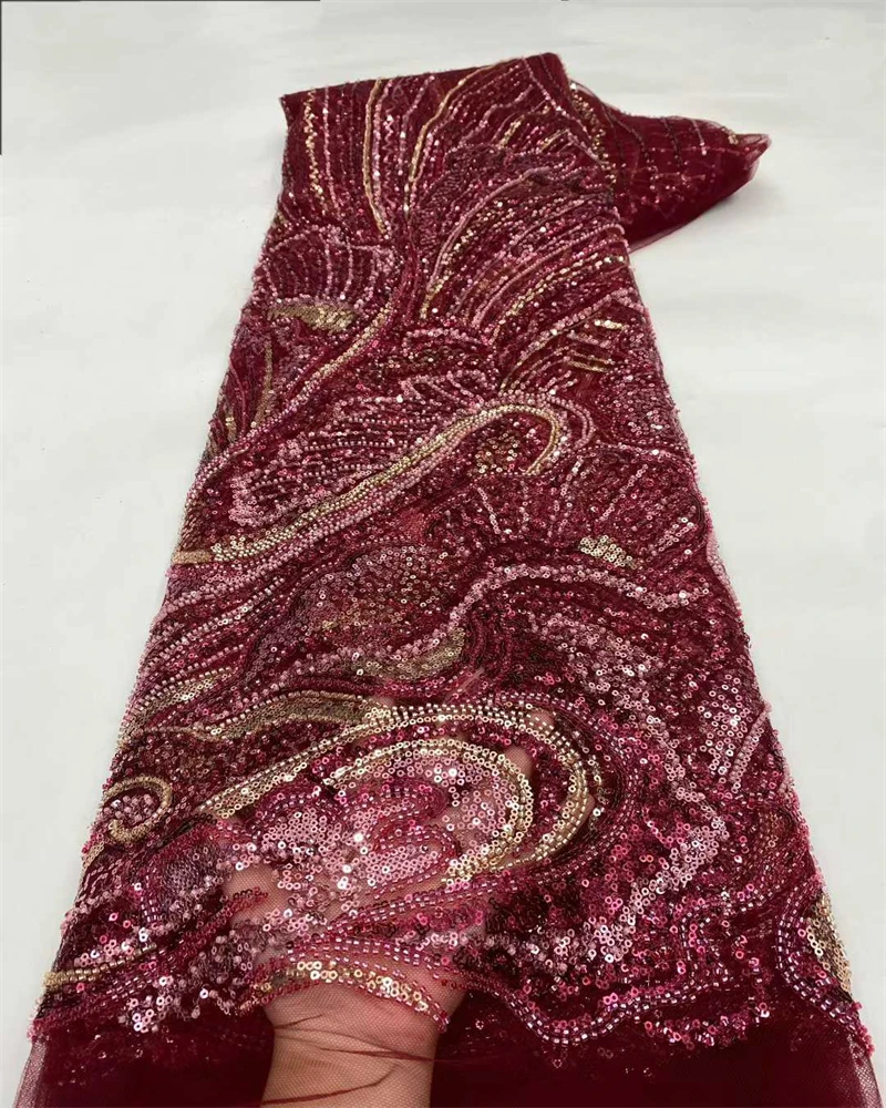 

African Beaded Groom Lace Fabric High Quality French Mesh Lace Fabric Sequins Nigerian Lace Fabrics For Wedding Dress Sew