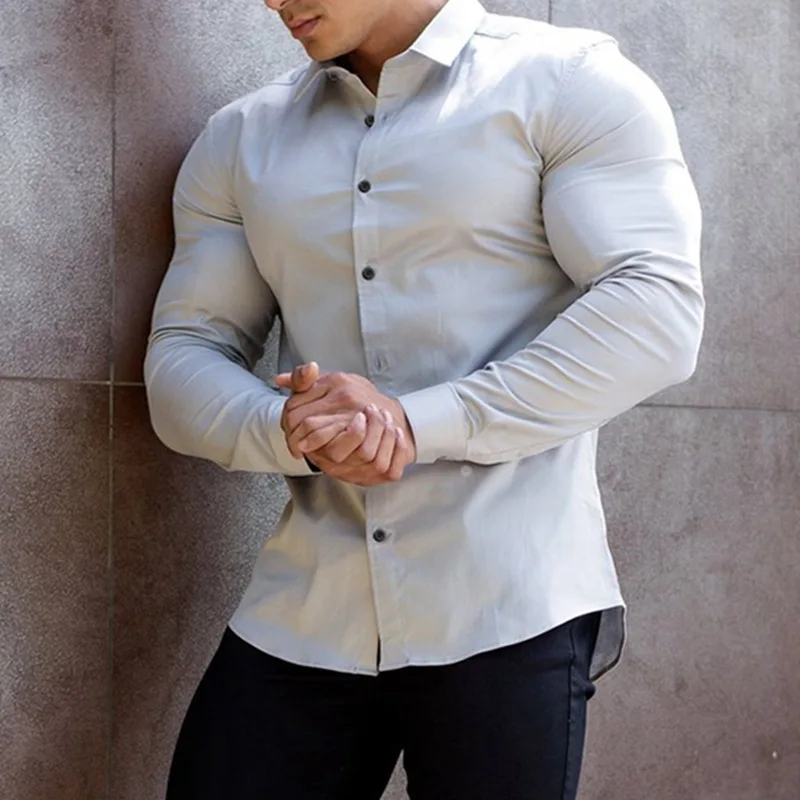 Fitness Men\'s Business Shirt Non-ironing Professional Work Summer Anti-Wrinkle White Shirt Men\'s Long-Sleeved Shirt