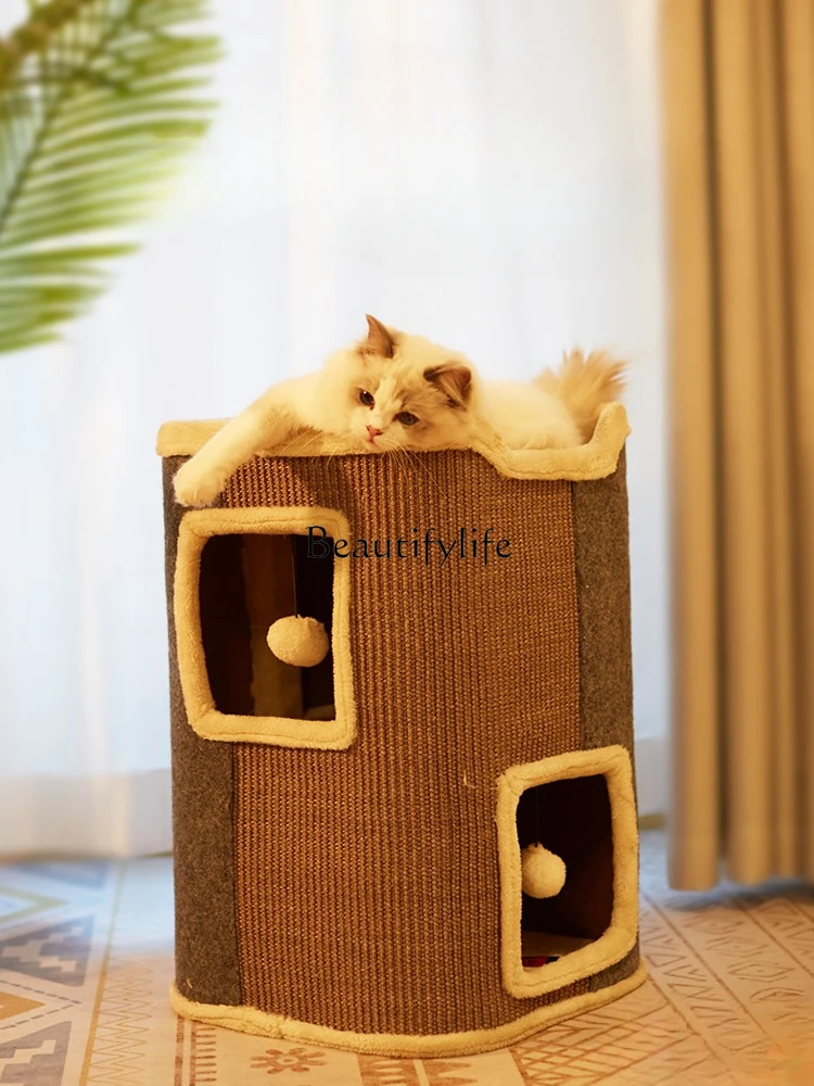 Sisal Bucket Double-Layer  Nest Winter Warm Cat Room Cat Nest Semi-Enclosed Cat House  Tree Integrated