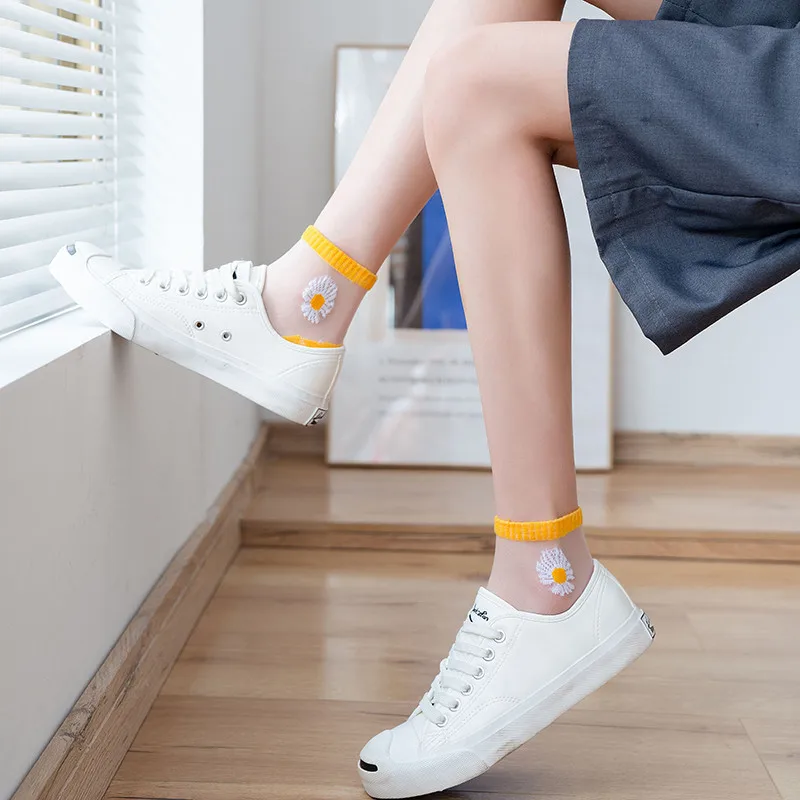10 Paar Frauen weiße Gänseblümchen Blume kurze Socken Set Mode Sommer dünne atmungsaktive Bonbon farbe transparente Kristall Seide Söckchen – Detail 6
