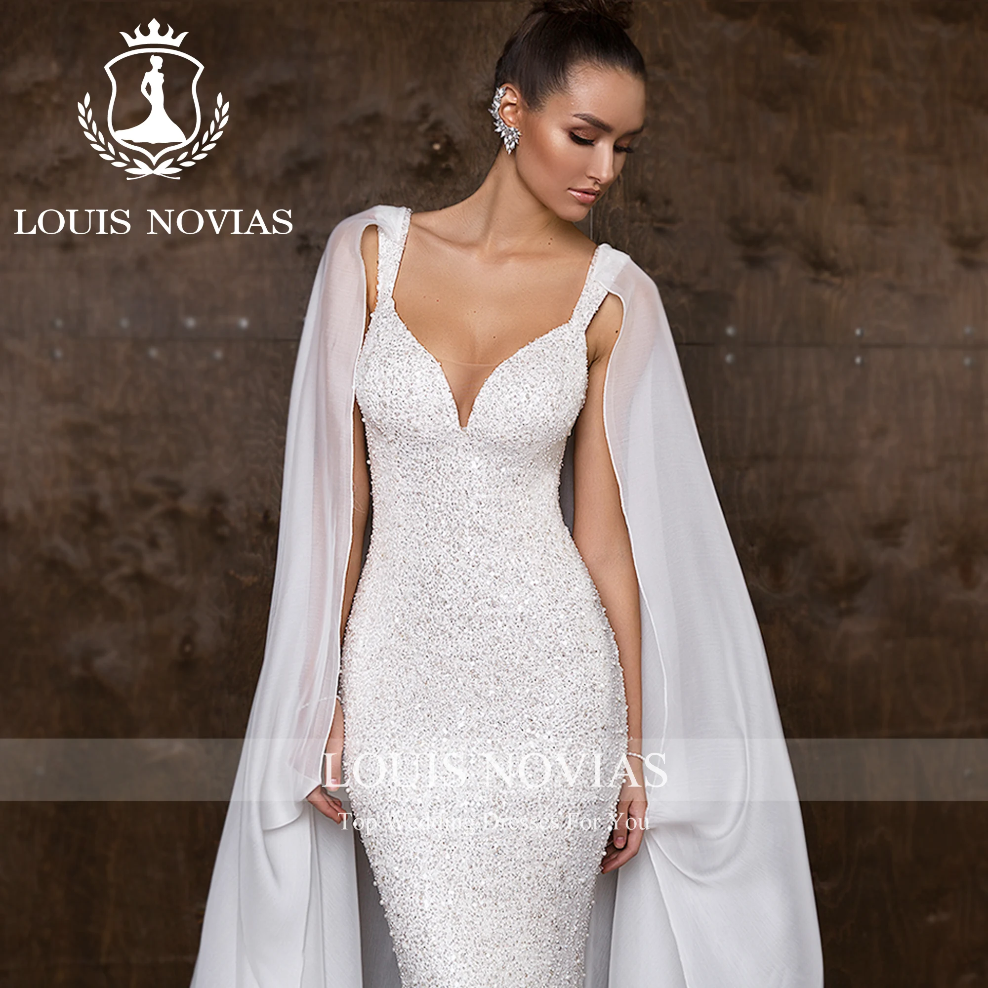 ルイノビアのウェディングドレスマーメイドスタイルスパゲッティストラップミットケープクリスタルグリッターウェディングドレス Vestidos デノビア