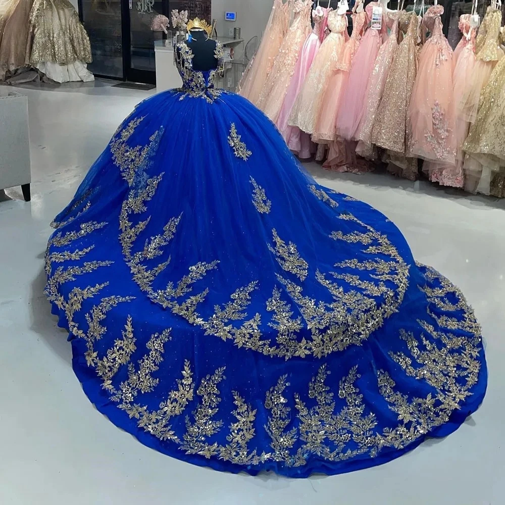 Vestidos de Quinceañera de Charro Azul Real, vestido de baile, escote Corazón, apliques de tul, dulce mexicano 16, 15 años