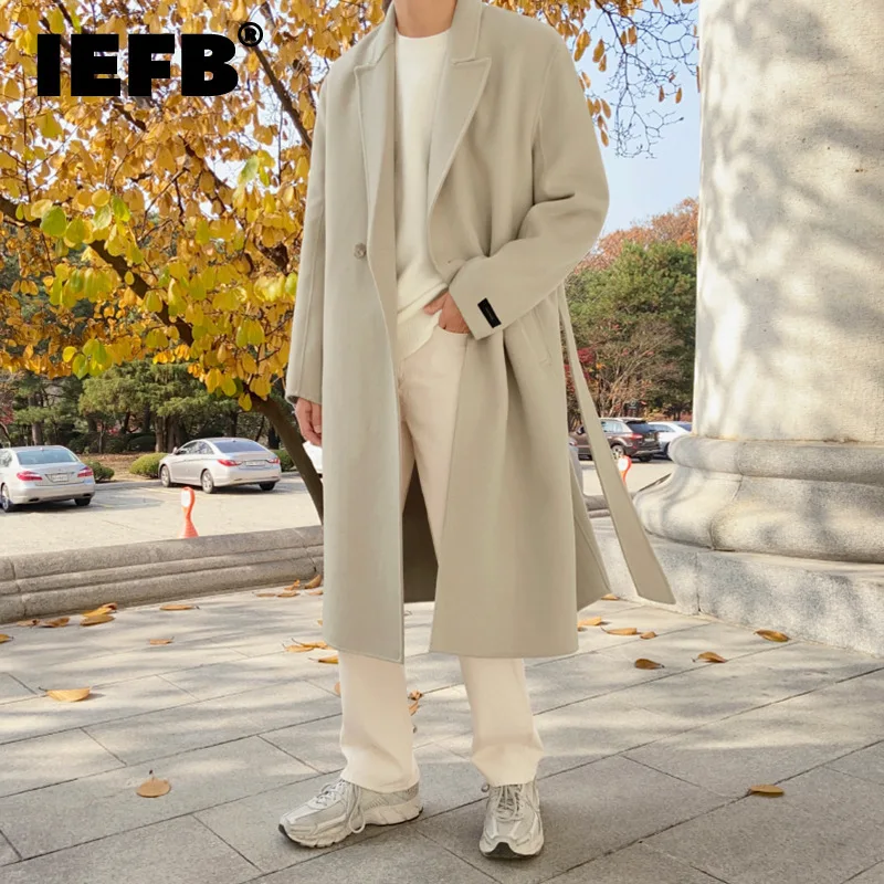 

IEFB Korean Chic Men's Thickned Woolen Cloth Coat 2023 New Casual Loose Bleted Double Breasted Jackets Loose fit Overcoat