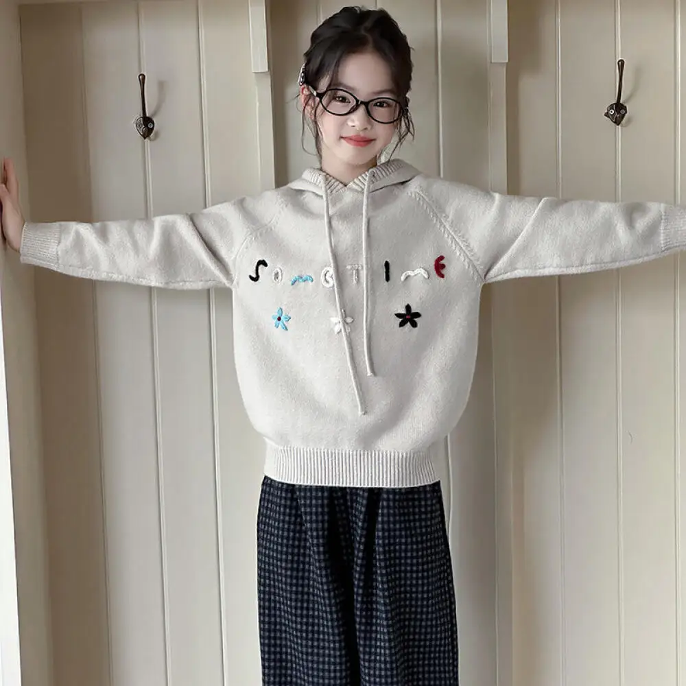 

Kawaii Girl Fashion Keep Warm Hooded Sweater Student Autumn and Winter Cartoon Casual Knitwear Pullover Tops Children's Clothing