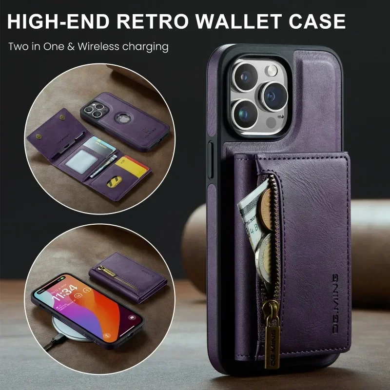 Detachable Magnetic Leather Case for IPhone 16 15 14 13 12 11 Pro Max Plus Zipper Card Slot Wallet Pocket Holder Phone Cover