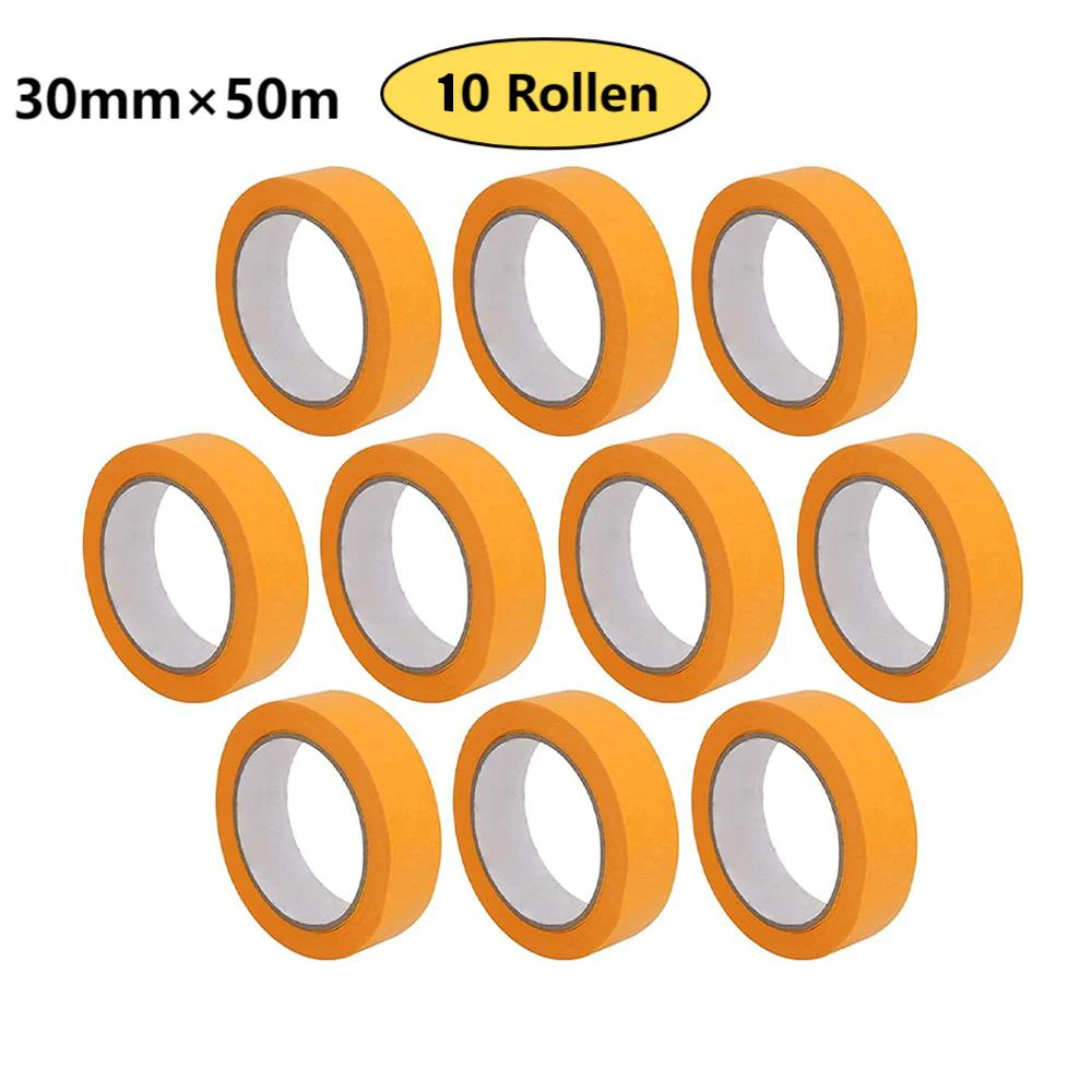 10 Stück gelbes, zartes Maler-Abdeckband mit zarter Oberfläche, 30 mm x 50 m. Innenmalerei und Dekoration für scharfe Linien und ohne Farbausblutung