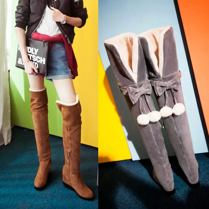 2024 autumn winter women over-the-knee boots plus size 22-26.5cm flock upper plush butterfly knot long boots women shoes