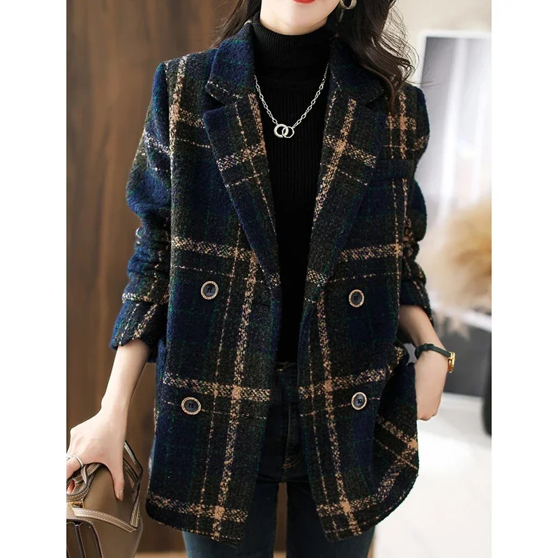 Women Mid Length Casual Plaid Woolen Jacket Female Spring Autumn Retro British Style Wool Blend Lattice Overcoat Jacket