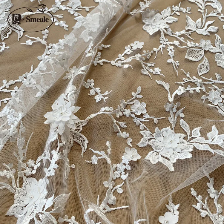 3D Stereo Laser Flower Beaded Mesh Embroidery Lace, Wedding Dress Fabric, DIY Dress Accessories, RS2497