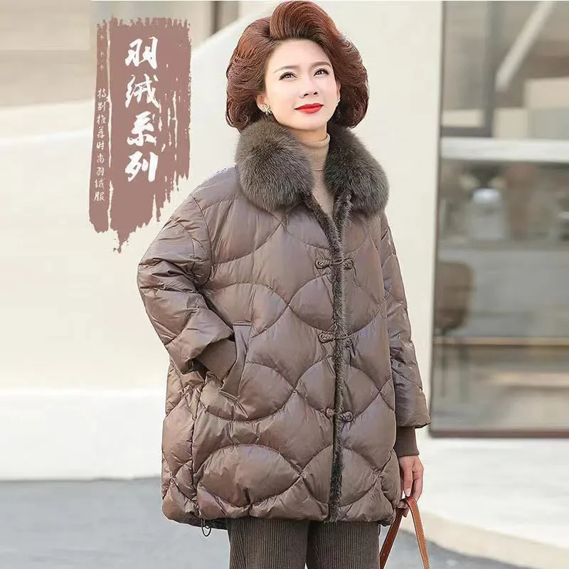 

White Eiderdown Mother Down Winter Coat in The Long Foreign Style New Middle-Aged and Elderly Women's Winter Female Coat Thick X