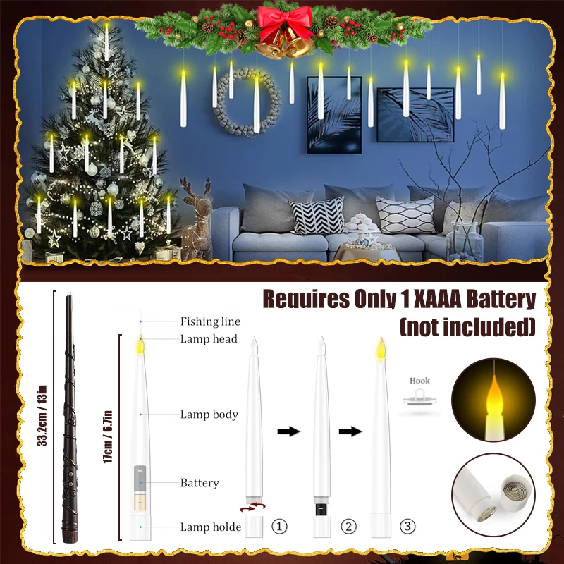 Flameless Taper Candles Each Hanging Floating Candle 1 Battery Operated Flickering With Magic Wand Remote for Wedding/Home Decor