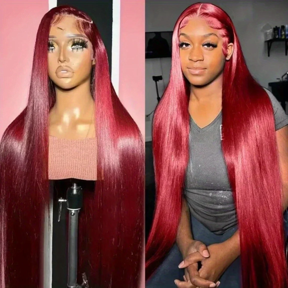 

99j Бордовый Красный Прямые человеческие волосы 13x6 Прозрачный HD Парик фронта шнурка 180% Плотность 30 36 дюймов Красные человеческие волосы для женщин